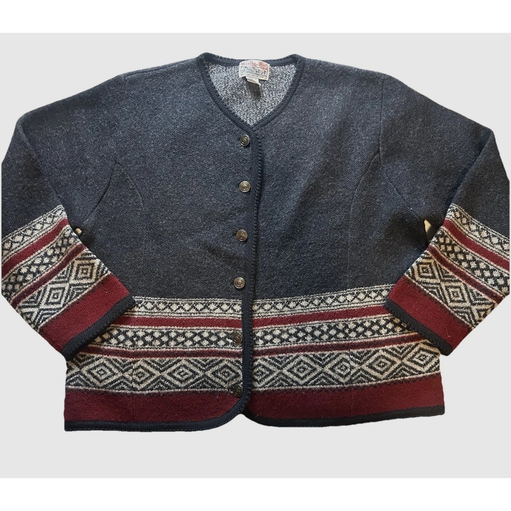 Vtg TALLY-HO 100% Wool Cardigan Scandinavian Print Fair Isle Button Sweater 3X